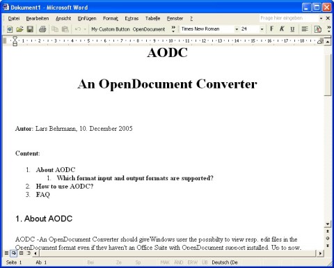 Word displaying the converted OpenDocument Helpfile